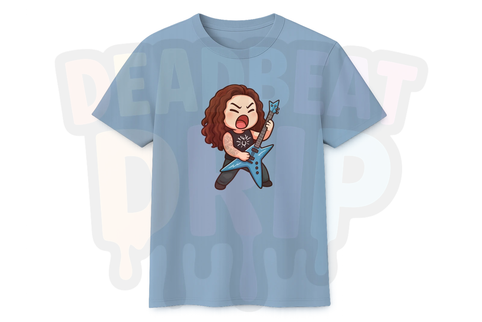 A chibi rockstar guitarist AI-generated t-shirt design